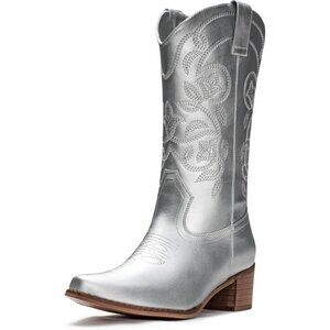 Women's Silver Pointy Toe Faux Leather Western Cowgirl Mid Calf Boots